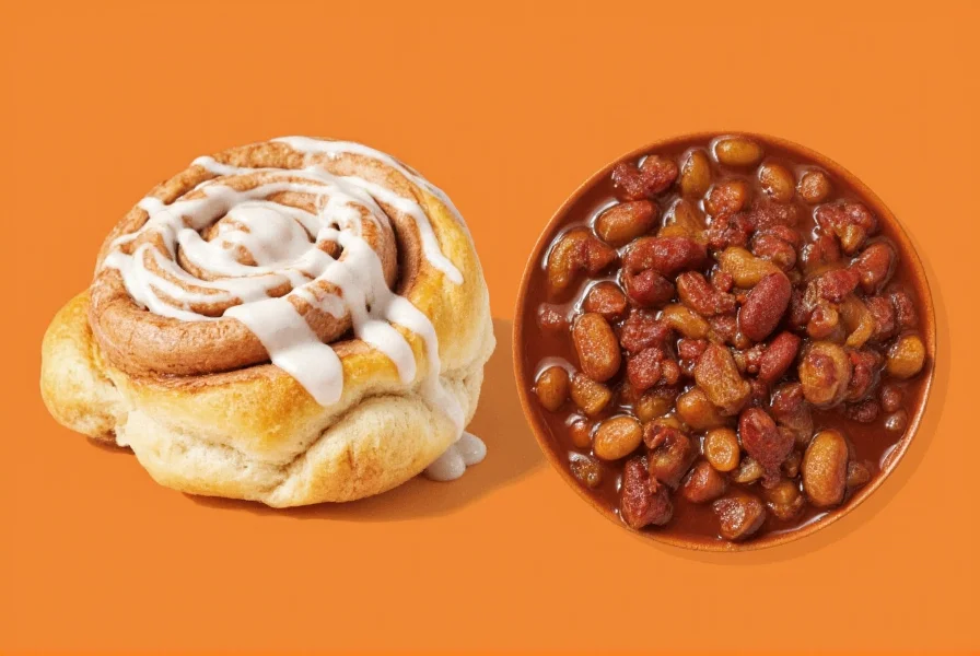 Traditional Midwest meal featuring a bowl of hearty meat chili next to freshly baked cinnamon rolls with cream cheese frosting on a checkered tablecloth