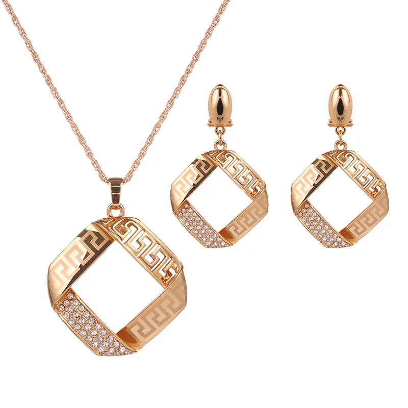 

European and American Gold Plating Micro Paved Crystal Geometric Square Necklace Earrings Set For Women Party