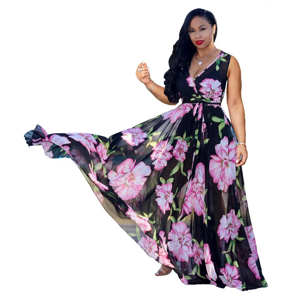 

B60537A A sleeveless printed chiffon dress with a deep v-neck plus size dress