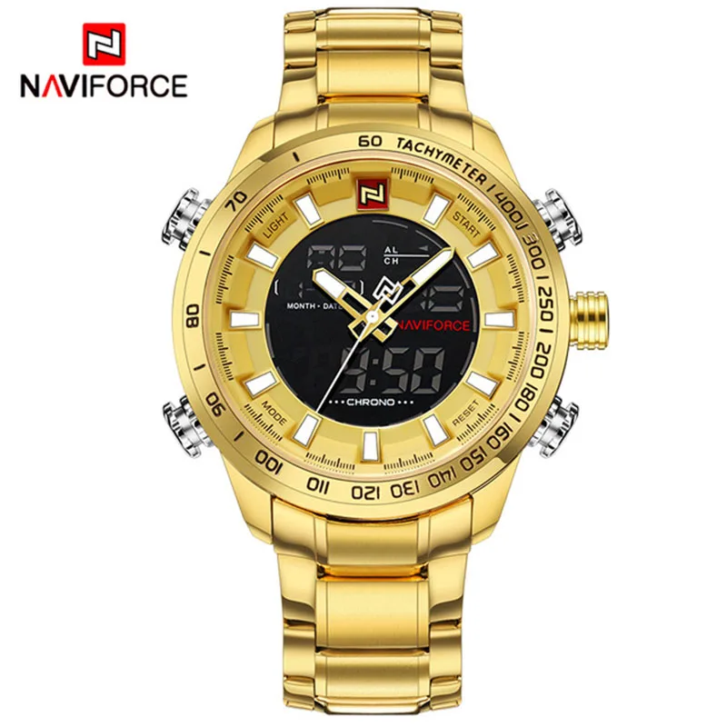 New Naviforce 9093 Brand Luxury Stainless Steel Men Watches Dual Time Clock Lcd Analog Waterproof Military Quartz Digital Watch