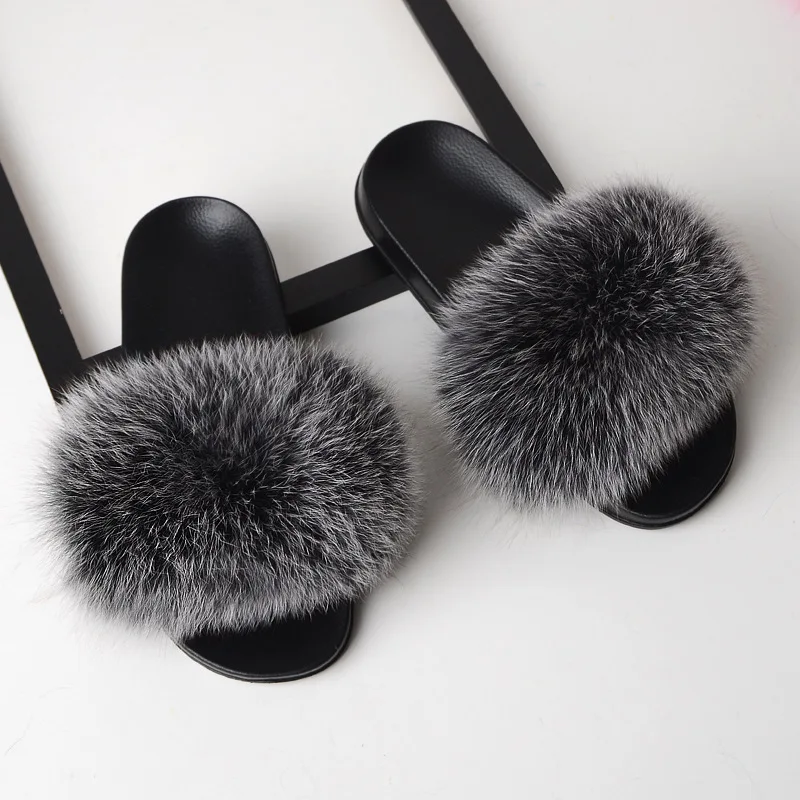 

OFTBUY Fur Slippers Women Real Fox Fur Slides Home Furry Flat Sandals Female Cute Fluffy House Shoes Woman Brand Luxury 2021