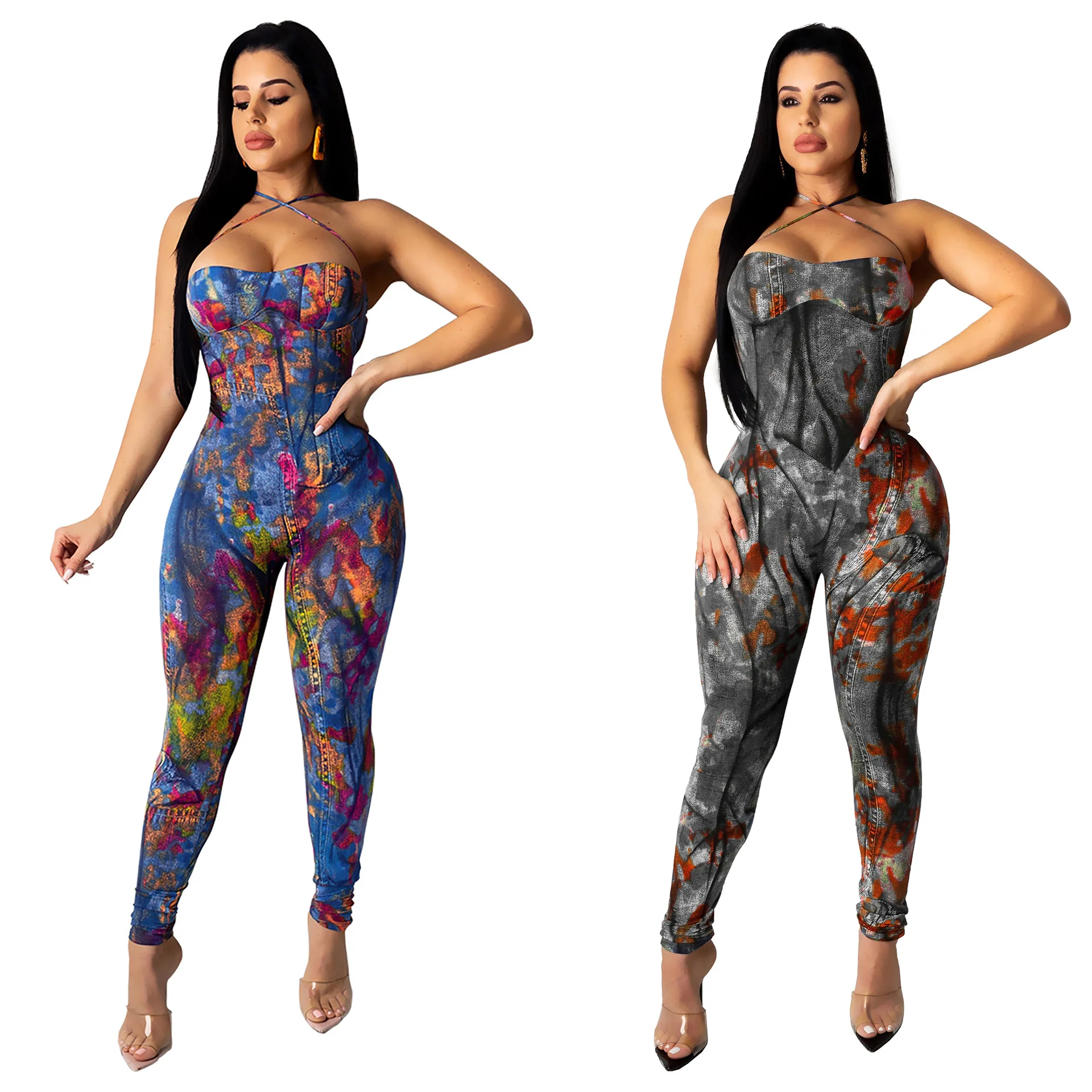 

European and American sexy ladies denim graffiti print lace-up backless skinny jumpsuit, Shown