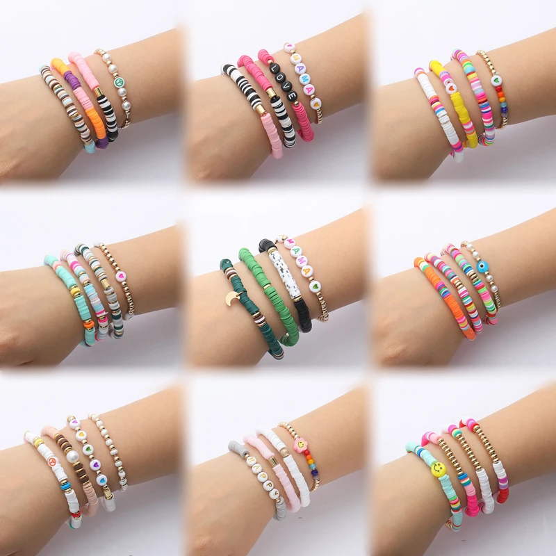 

Bohemian style polymer clay bracelet Multi-layer pearl alphabet women's bracelet fashion jewelry accessory gift