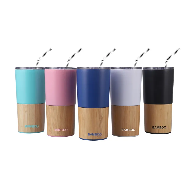 

Custom Logo  Creative Bamboo Stainless Steel Double Wall Vacuum Insulation Travel Mug Coffee Mug With Straws Water Bottle