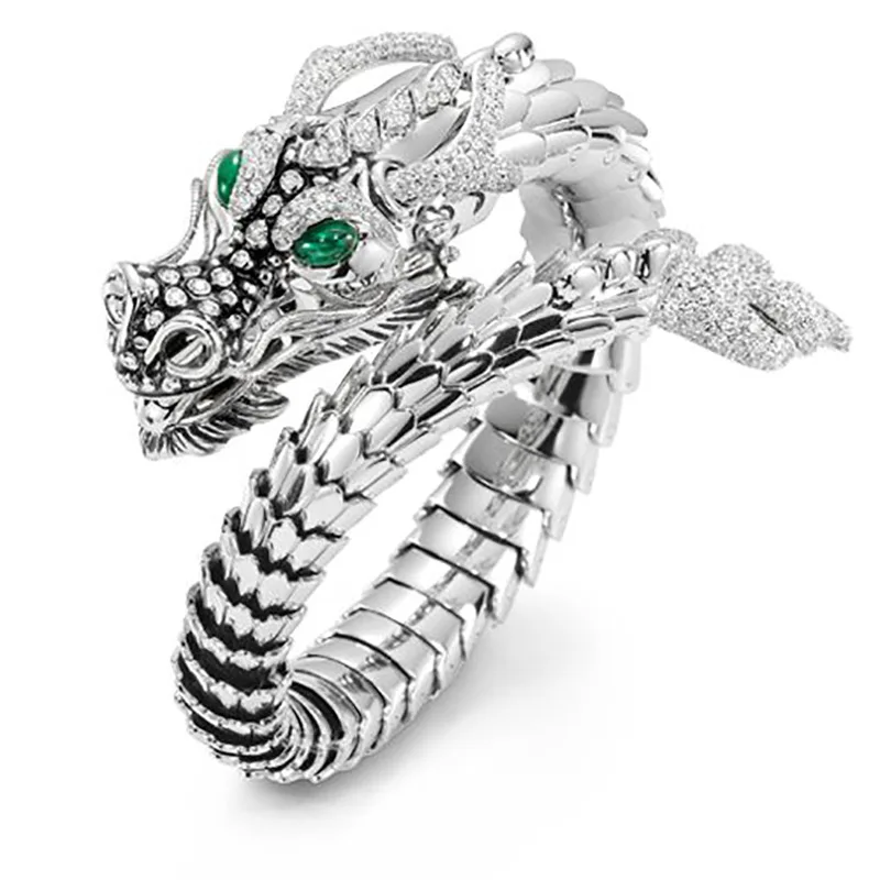 

High-grade Delicate Opening Adjustable Dragon Male Ring Hips Hops Jewelry Diamond Micro-inlaid Zircon Green Eyes Dragon Ring
