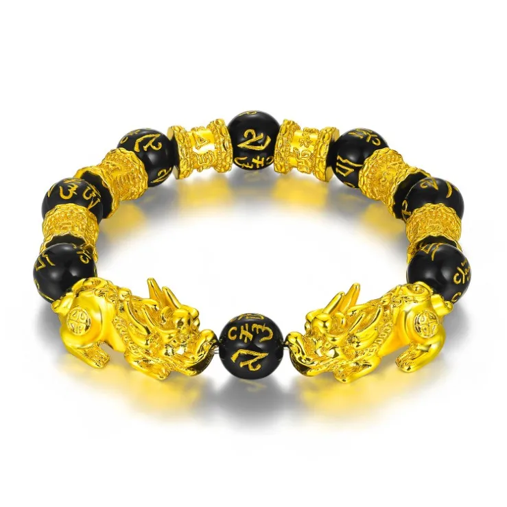 

Feng Shui Obsidian Bracelets Five-Element Wealth Prosperity Bracelet with Golden Pi Xiu Pi Yao Attract Good Luck and Wealth, As the picturs