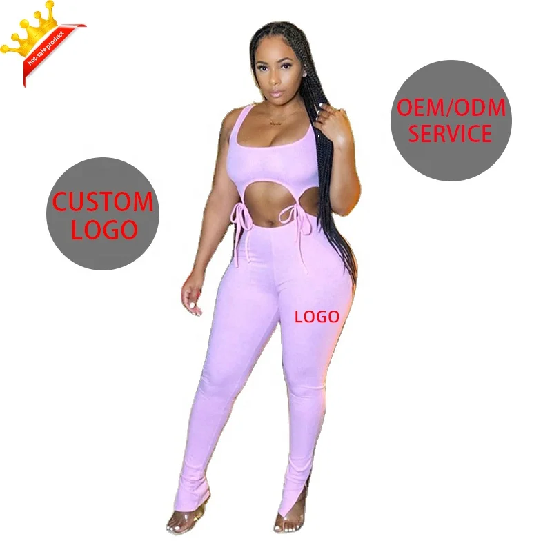 

2021 New Arrivals Women Clothing Sexy Crop Top Pink Custom Knitted Two Piece Pants Set 2 Piece Set Women