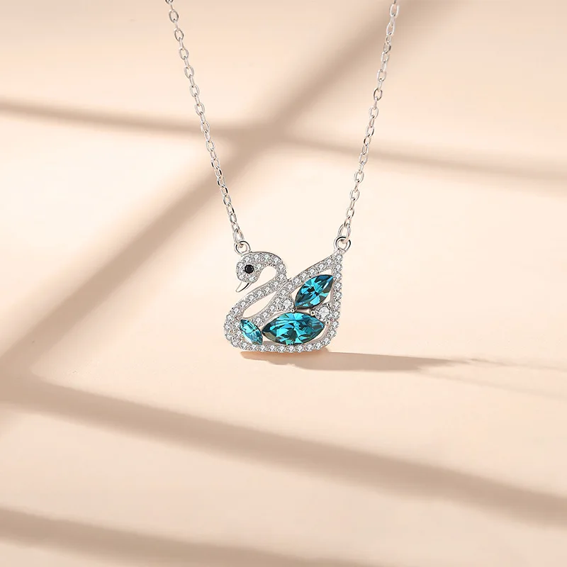 

Fashion High Quality S925 Sterling Silver Original Brand Crystal Blue Swan Necklace