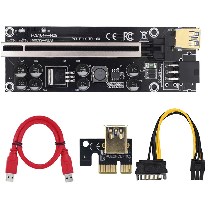 

2021 VER009S Plus PCIE Riser Card 009s PCI-E PCI Express Adapter Molex 6Pin SATA USB 3.0 Cable 1X to 16X Extender