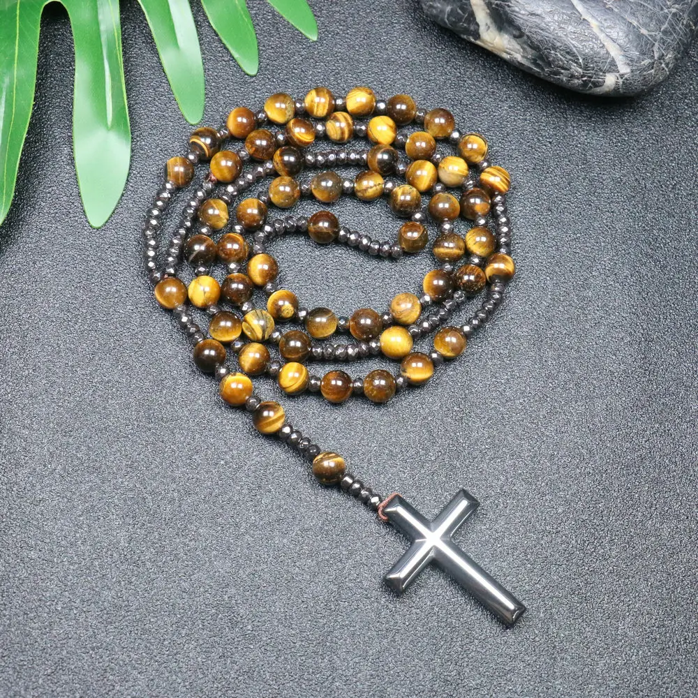 

7 Chakra Muslim Tasbih Cross Bracelet Real Healing Hematite Gemstone Yoga Meditation Hand Knotted Mala Prayer Beads Necklace, Golden