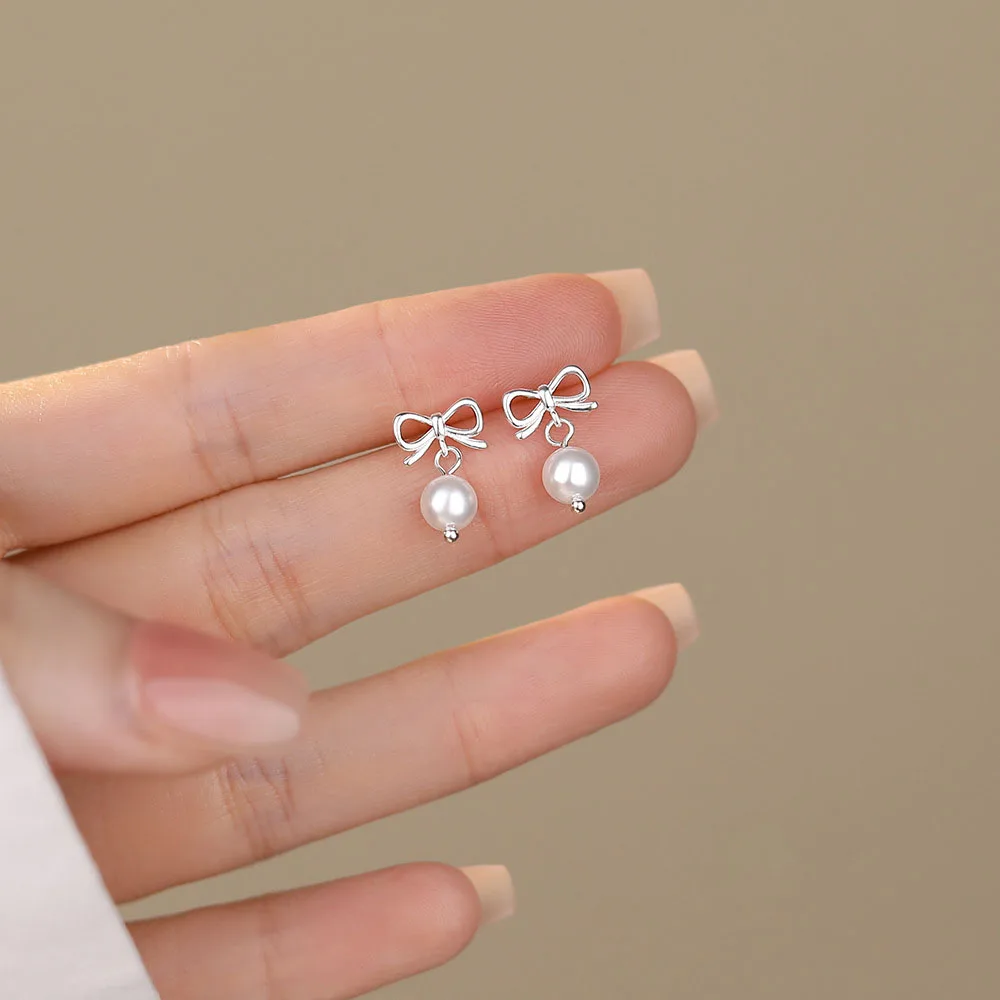 Sweet Simplicity 925 Sterling Silver Bowknot Pearl Stud Earrings for Women Jewelry Accessories YB-XY-198