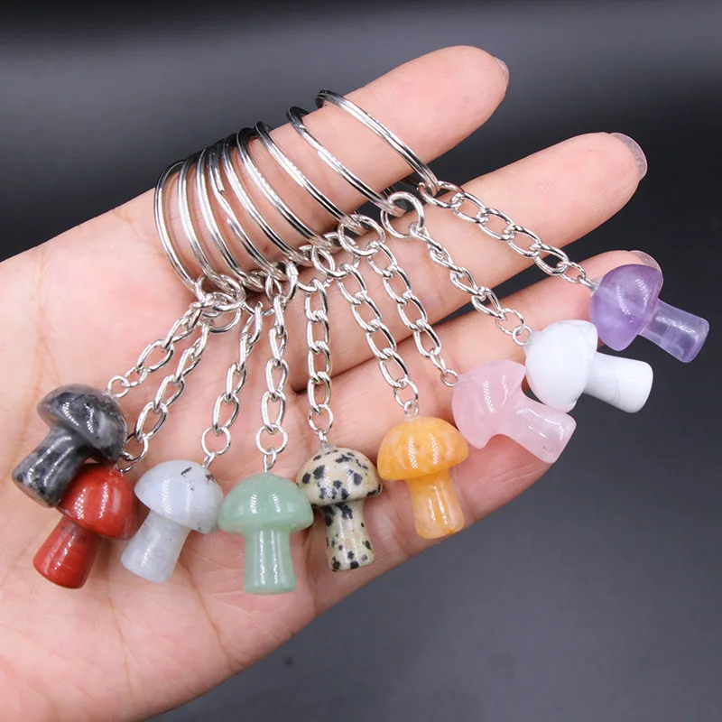

Bulk Wholesale Price Natural Multi Gemstone Key Chians Healing Stone Crystal Mini Mushroom Keychain For Gift