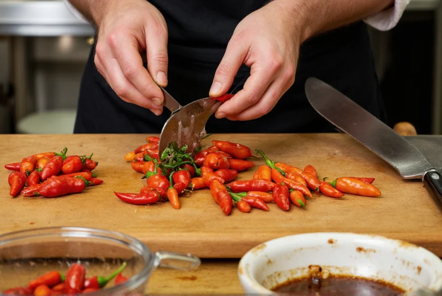 Chef's hands preparing various fresh chili pods on cutting board with cooking utensils