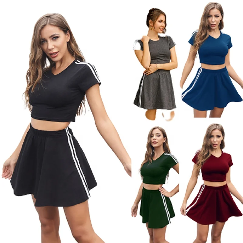 

Women Side Striped Crop Shirt Two Piece Pleated Short Skirt Set