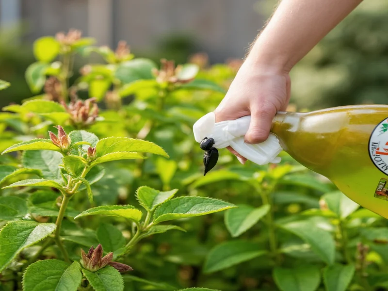 Natural bug spray being applied to plants in garden