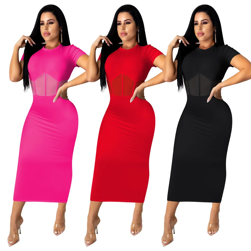 

2021 New Arrivals Fashion Women Casual O-Neck Short Sleeve Waist Mesh See-through Patchwork Solid Dress, Picture show
