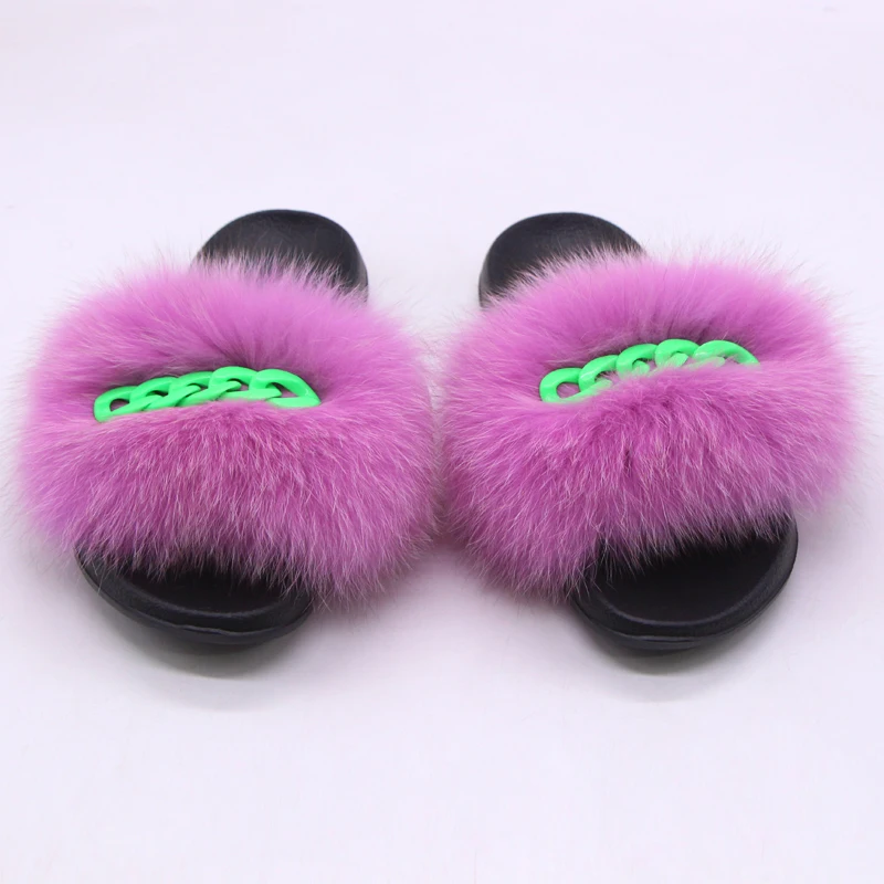 

Women Summer Faux Fox Sandals Designer Chain Plush Raccoon Fur Slides, Customized color