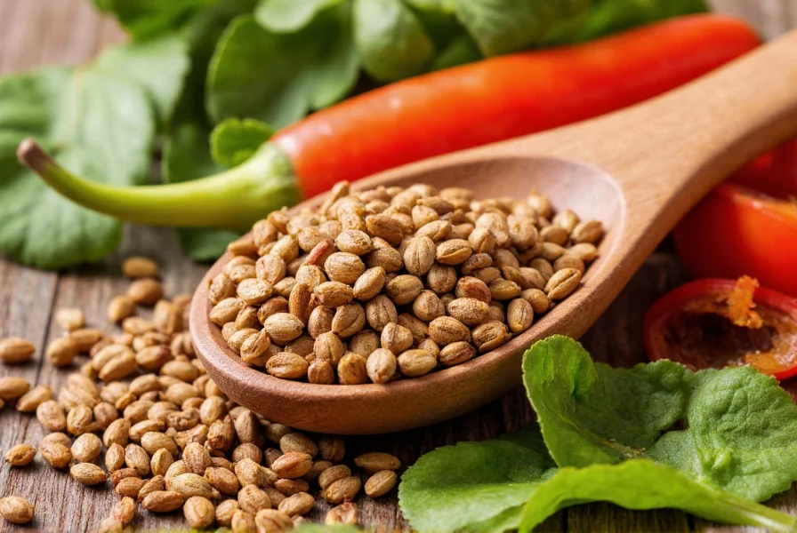 Close-up of cumin seeds in a wooden spoon with fresh vegetables