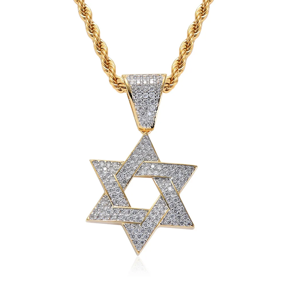 

2022 Fashion Six Pointed Star Hiphop Men Pendant Iced Out Hip Hop 14k Gold Plated CZ Cubic Zirconia Stone Necklace Jewelry