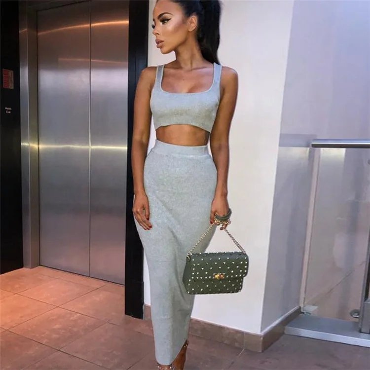 

Ladies Sexy Slim Tube Top two-piece skirt sets Women Crop Top Two Piece Maxi Skirt Set, 10 colors