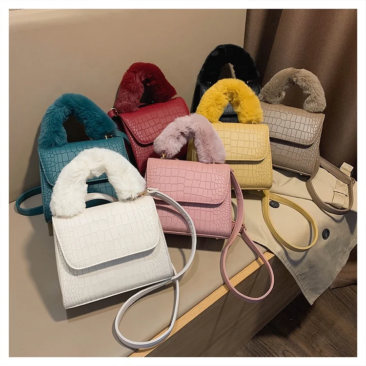 

winter handbags plush handle women faux fur crocodile lady shoulder bag fall luxury alligator fuzzy small crossbody purse, 7 colors