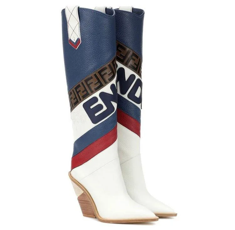 

Drop Shipping 2021 Fall Winter Thick Wood Grain Pointed Designer Boots Women Famous Brands Knee High Boots Boots Women Shoes, As picture or custom