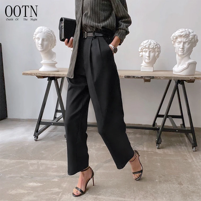 

OOTN Women Black 2020 Elegant Twill High-Waisted Trousers Straight Work Long Pants Loose Office Ladies Pleated Trousers