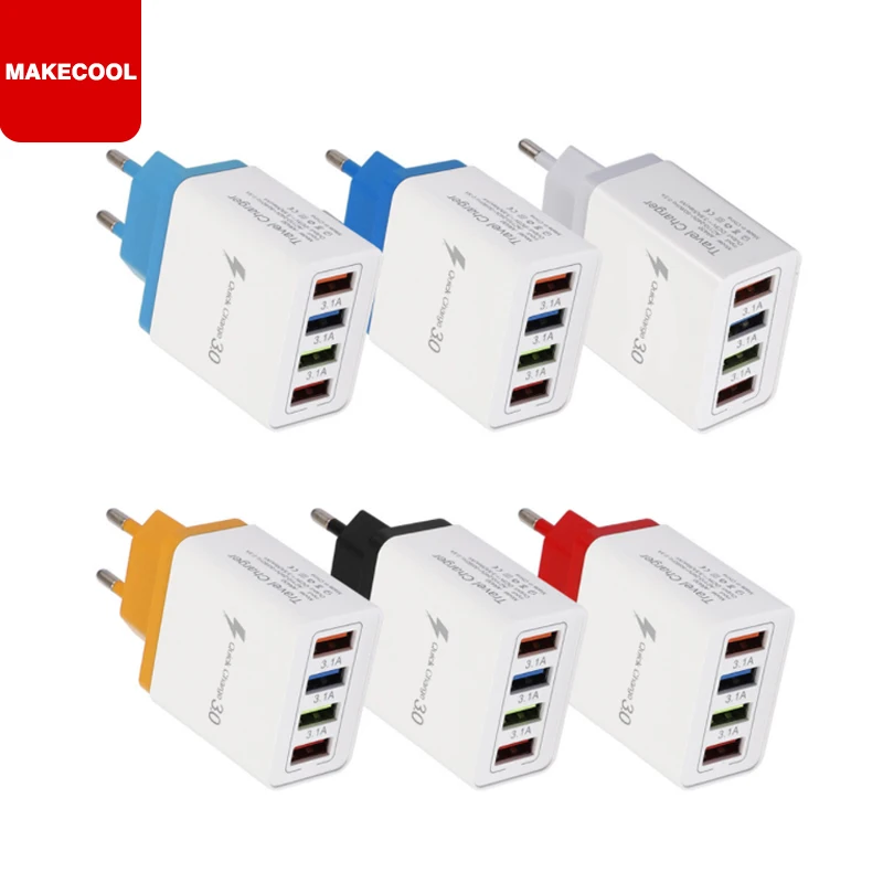 

Wholesale 4 USB Fast charger QC 3.0 LED Light Colorful quick wall charger 4 port usb wall charger, Black blue teal gray yellow red