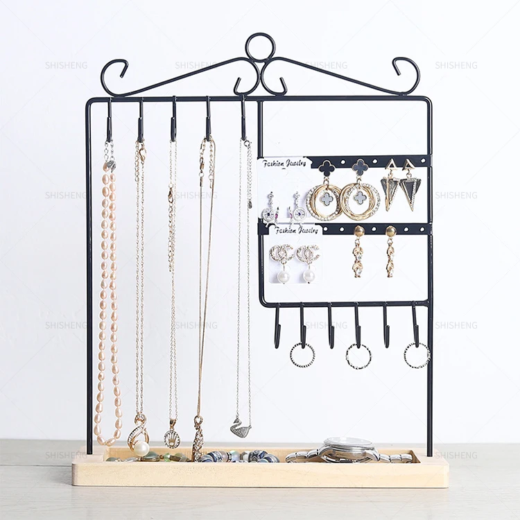 

SHI SHENG Amazon Hot Sale Metal Jewelry Display Stand Holder With Wooden Ring Tray and Hooks Storage Racks, Black/white