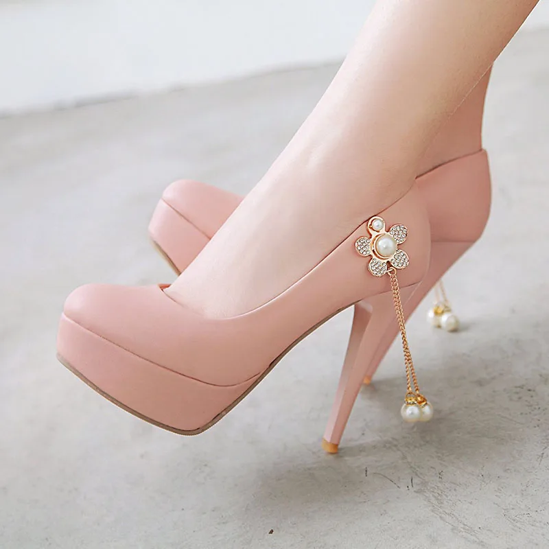 

2021 Pink Round Toe Chunky Metal Flower Tassel Decor Sweet Fashion High-Heeled Shoes, Black/pink/white