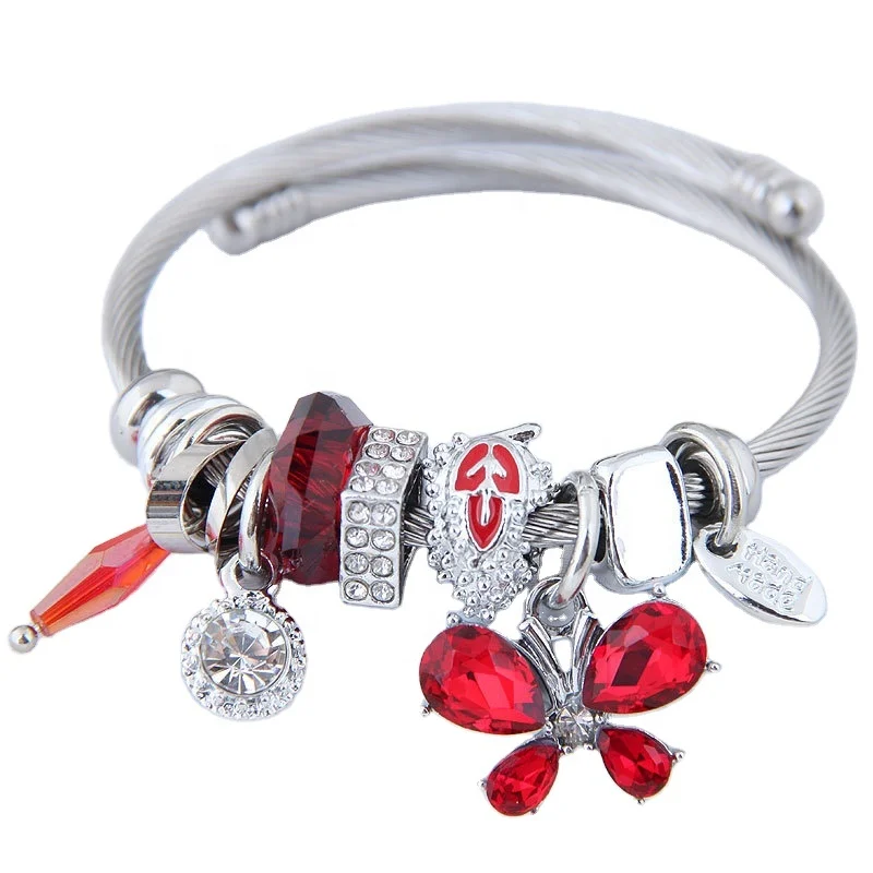 

lucky bracelet ruby gemstone butterfly leaf diamond square bead charm bracelet stainless bracelet