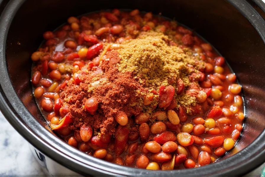 Crockpot filled with vibrant chili ingredients including tomatoes, beans, and spices ready for slow cooking