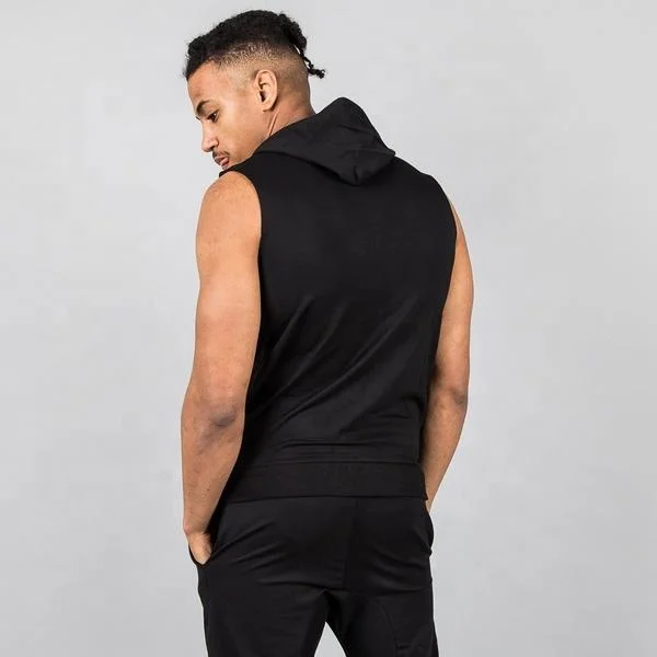 Blackout Mens Gym Sleeveless Hoodie Oem Muscle Bodybuilding Fitted Zip