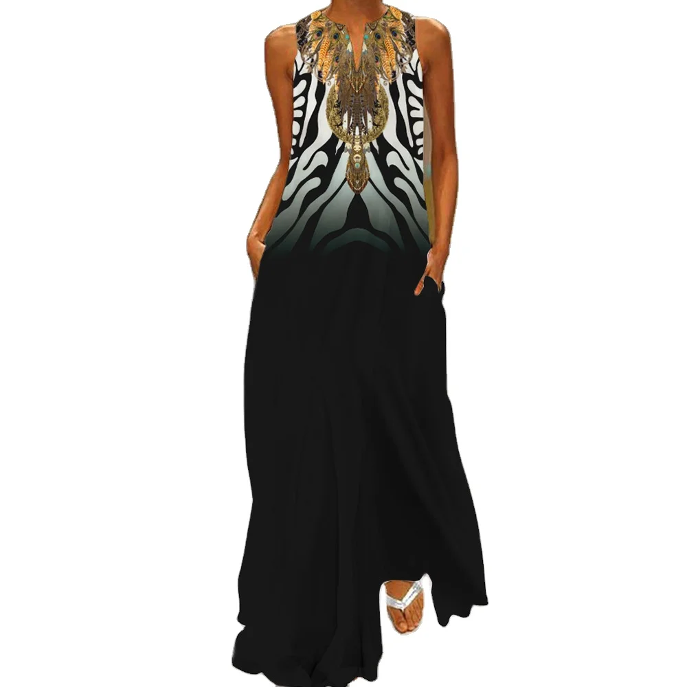 

New design Indian Print Vintage Long Dress Women V-Neck Sleeveless Tunic Tank Maxi Dress Summer Elegant Evening Party Beach