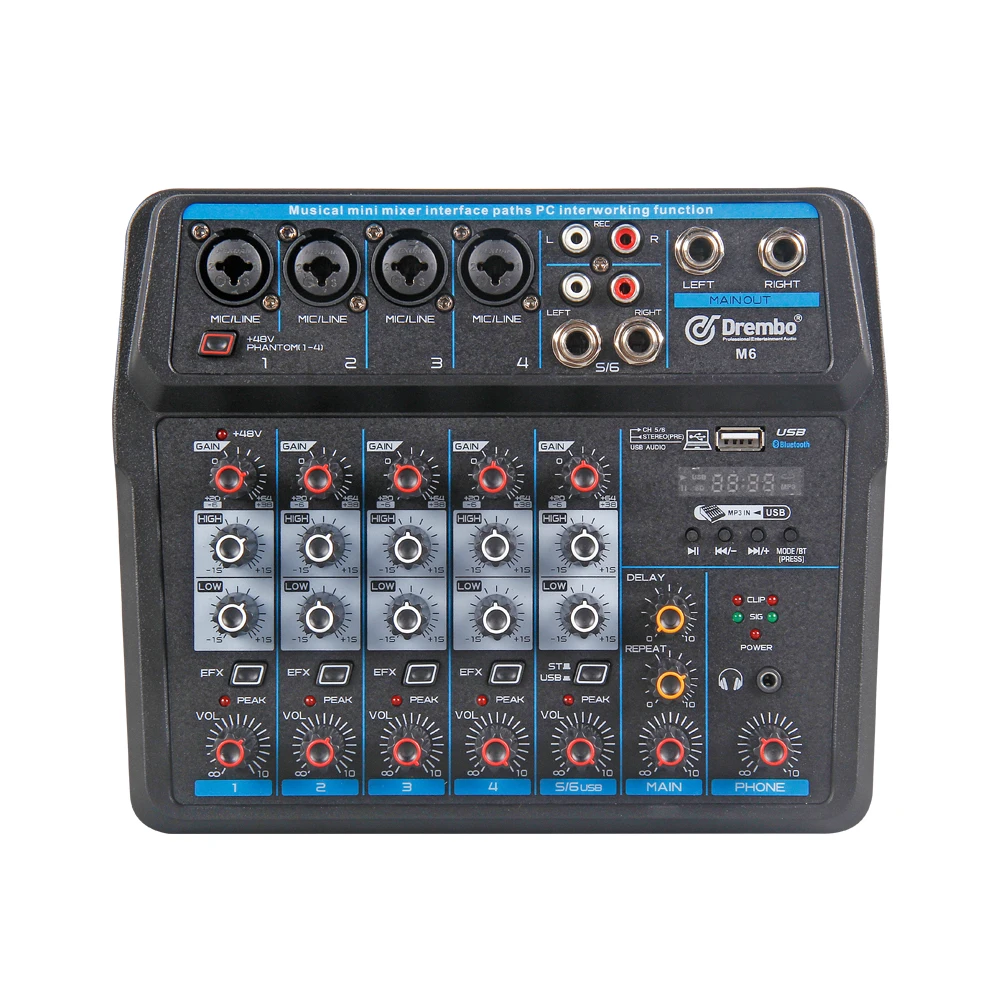 

Debra Audio 6Channel Portable audio mixer DJ console with Sound card BT4.0 REVERB 48V USB for Band Mixing PC Recording Karaoke, Black