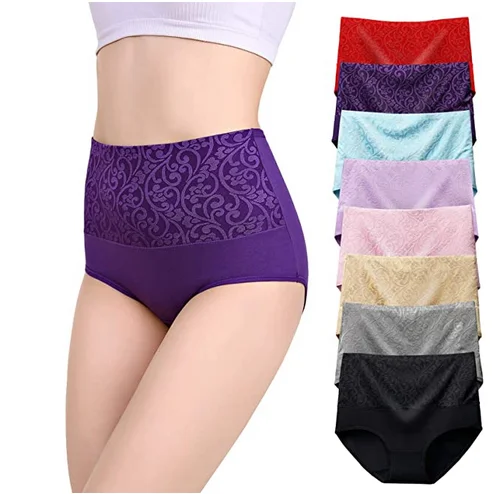 

New Arrival Womens High Waist Underwear Solid Color Tummy Control Cotton Brief Panties, Black/nude/blue/pink/purple