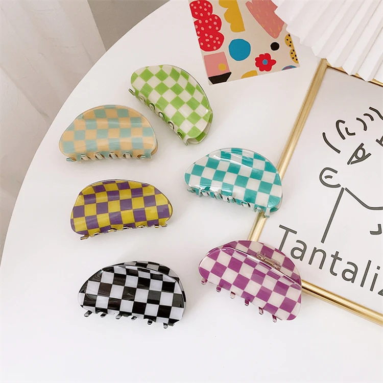 

Women luxury big colorful checked hair clamp black white acrylic hair claws clips for thick hair