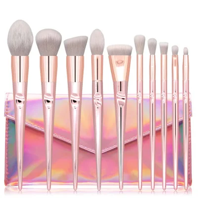 

Wholesale Professional 10 pcs Rose Gold Plastic Plating Handle Blush Make Up Brushes Girls Daily Makeup Brush Set With Case