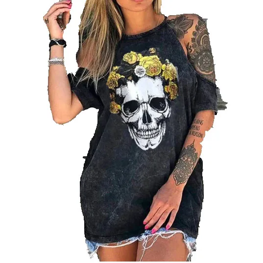 

2020 New Arrival Summer Woman Clothes Skull Cord Off Shoulder Tops Short Sleeves Plus Size T-shirt Blouse Woman Casual Tops, Picture color