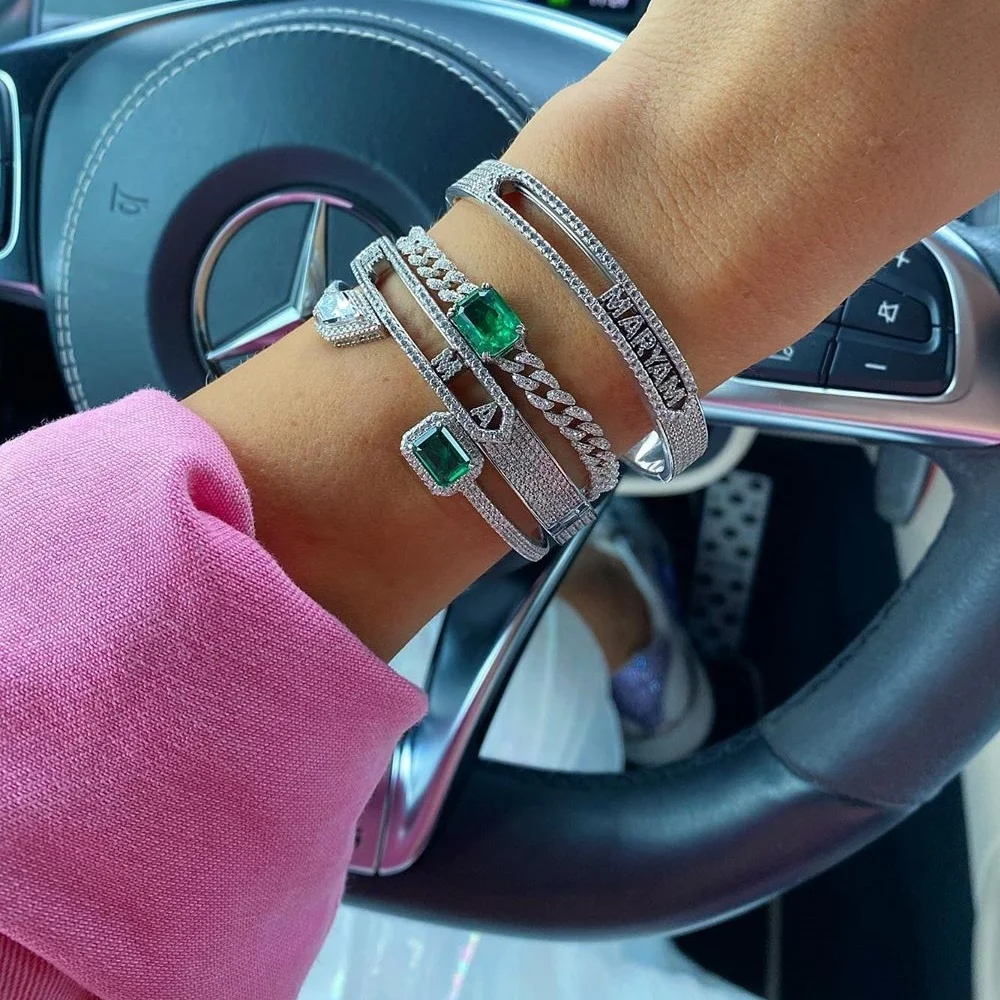 

in stock 2020 fashion women jewelry thin cz cuban chain green emerald stone cuban bracelet, Rainbow color