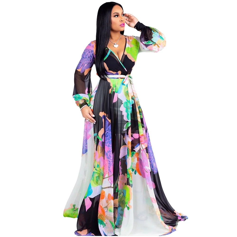

2019 Wholesale Summer women ladies deep v print chiffon beach dress