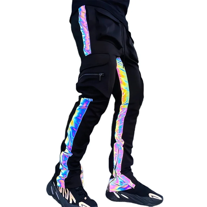 

2021 Hip Hop Night Running Men's Casual Trousers Fitness Stacked Reflective Skinny Jogger Track Pockets Cargo Pants