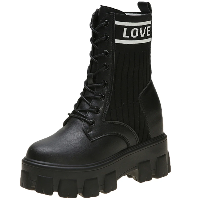 

2021 Thick Sole Martens Women Boots Leather Platform Ankle Boots Women Winter Ladies Genuine Leather Slip On Sock Boots