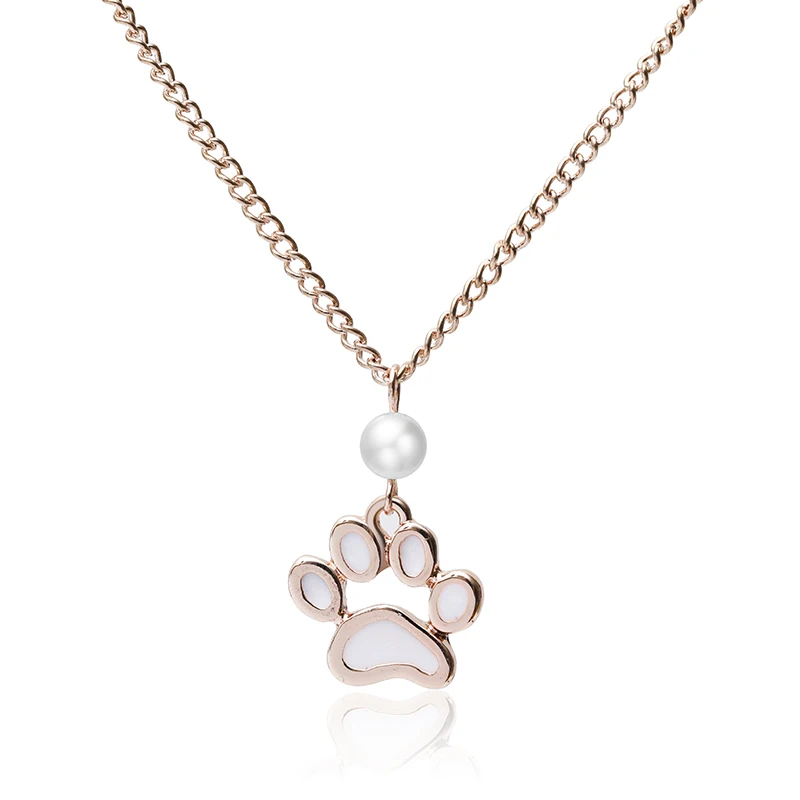 

New Arrival Cute Dog Lovers Jewellery White Enamel Pet Paw Pendant With Pearl Necklace Rose Gold jewelry