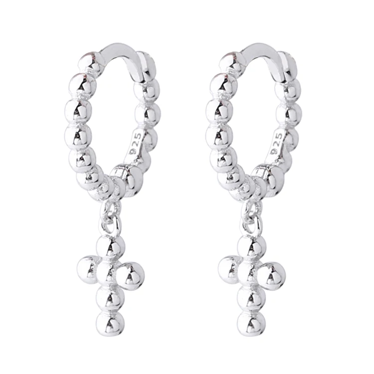 

Hot selling fashion ear piercing ball huggie earrings minimalist silver cross drop hoop earring piercing jewelry for women