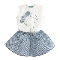 

Fashion Style Sleeveless White T-shirt+Plaid Culottes girls clothing set