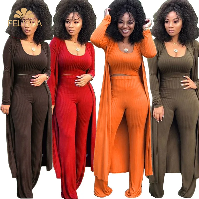 

Women Casual Pants Suits Crop Top Tank Wide Loose Leg Pants Long Sleeve Coat Skinny Bodycon 3PCS Sets Female Three Piece Sets