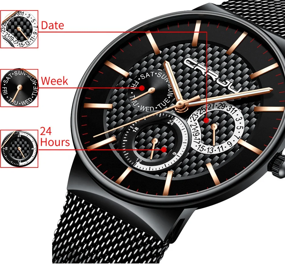 

CRRJU Brand Quartz Watches Men Fashion Calendar and Week Wristwatches for Business Male Clock Steel Mesh Watch Relogio Masculino