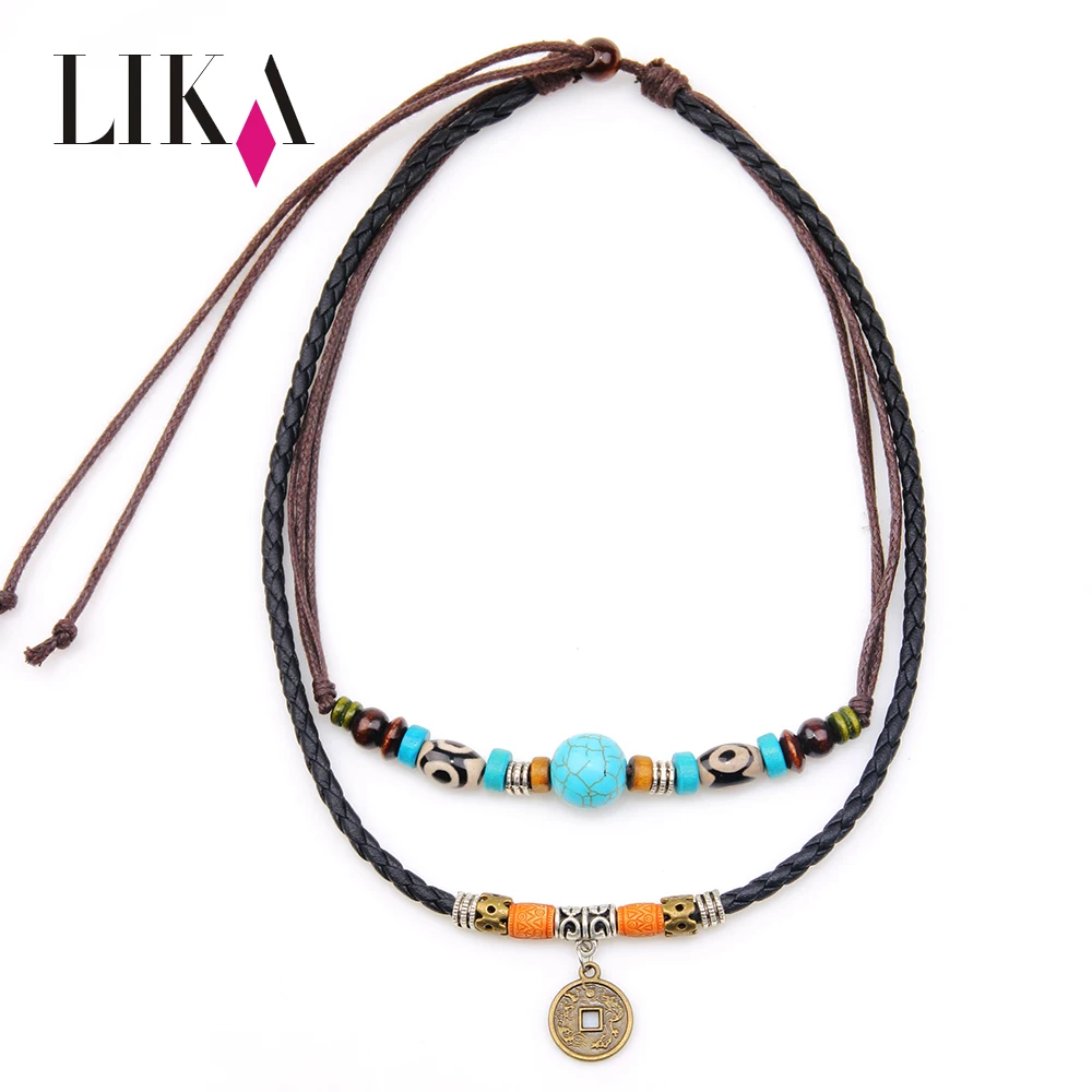 

LIKA Vintage Ancient Ropes Multiple Natural Stone Beaded Retro Model Man Leather Turquoise Coin Layered Pendant Necklace