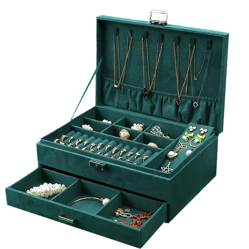 

Wholesale custom green velvet Jewelry container earring storage box earrings organizer bracelet box velvet travel jewelry case